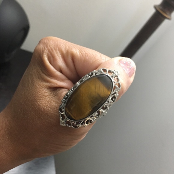 Natural African Tiger's Eye Solitaire Ring in Platinum Over Copper size 8 - Picture 4 of 16
